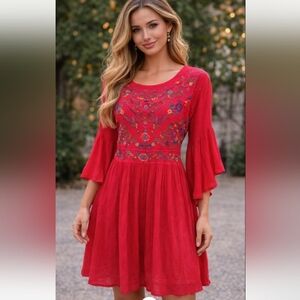 Umgee Red Dress with Colorful Floral Embroidery Boho Hippie Festival XL